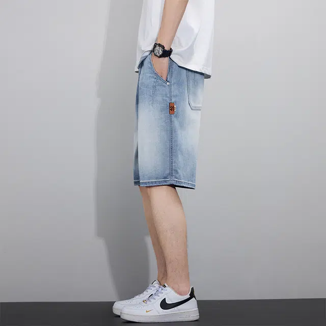 协协乐 高街薄款天丝凉感透气美式潮牌宽松直筒百搭运动休闲五分中裤夏季牛仔短裤 男款