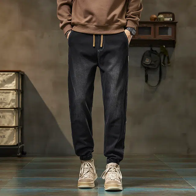 协协乐 美式复古工装哈伦机能风拼接设计感春秋季宽松束脚九分裤百搭青少年痞帅休闲长裤潮牌牛仔裤 男款