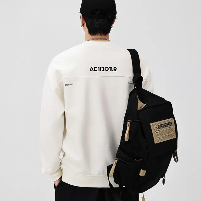 协协乐 美式重磅春秋季宽松圆领打底衫时尚字母印花套头男士休闲百搭长袖上衣设计小众款卫衣 男款