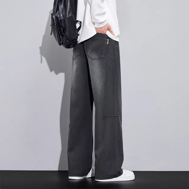 协协乐 美式复古做旧水洗高街机能风春秋季潮牌宽松直筒阔腿拖地裤青少年弹力抽绳百搭休闲运动长裤牛仔裤 男款