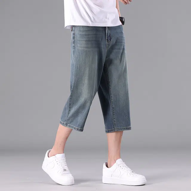 协协乐 凉感透气七分夏季冰丝薄款做旧水洗复古潮流宽松直筒休闲百搭运动牛仔短裤 男款