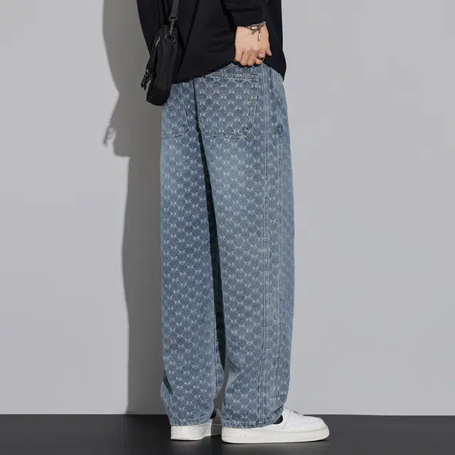 协协乐 蝴蝶纹高街提花复古春秋男士长裤宽松直筒百搭青少年做旧水洗美式抽绳休闲裤牛仔裤 男款