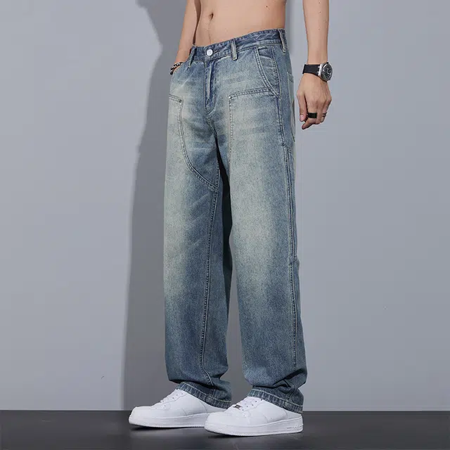 协协乐 美式复古男士夏季薄款工装拼接宽松直筒高街潮流休闲运动百搭长裤子牛仔裤 男款