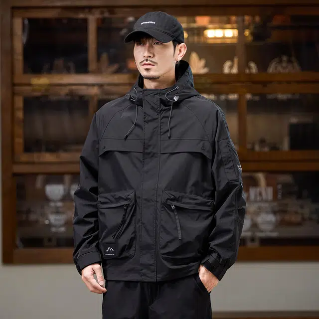 协协乐 山系户外美式复古工装连帽防风防水三防面料春秋季冲锋外套冬季男装休闲上衣潮牌小众设计款夹克 男款