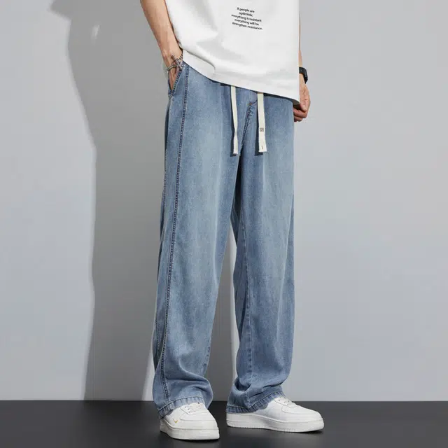 协协乐 天丝夏季薄款凉感透气高街潮牌复古直筒宽松阔腿垂坠感休闲冰丝百搭运动长裤子牛仔裤 男款