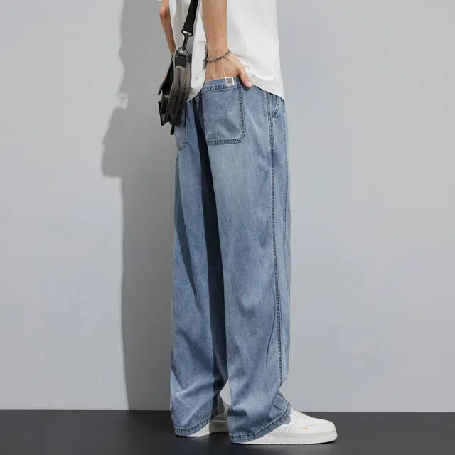 协协乐 天丝夏季薄款凉感透气高街潮牌复古直筒宽松阔腿垂坠感休闲冰丝百搭运动长裤子牛仔裤 男款