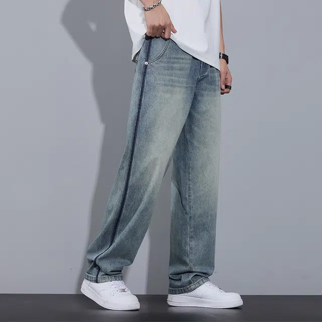 协协乐 美式复古男士夏季薄款工装拼接渐变宽松直筒高街潮流休闲运动百搭长裤子牛仔裤 男款