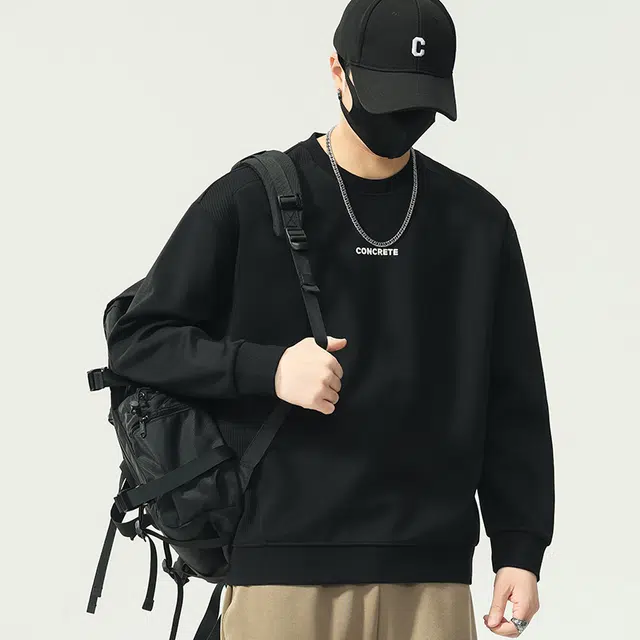 协协乐 圆领长袖男士春秋季宽松套头打底衫拼接刺绣字母设计感上衣早秋小众设计款卫衣 男款