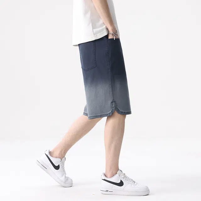 协协乐 夏季宽松直筒渐变休闲五分中裤牛仔短裤 男款