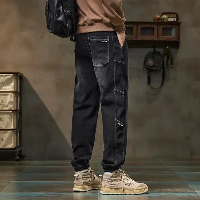 协协乐 美式复古工装哈伦机能风拼接设计感春秋季宽松束脚九分裤百搭青少年痞帅休闲长裤潮牌牛仔裤 男款