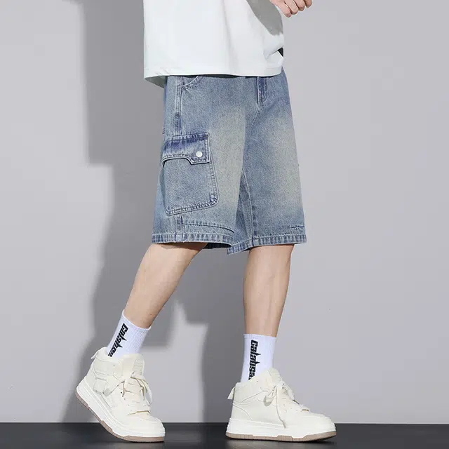 协协乐 薄款纯色高街美式工装潮牌宽松直筒五分牛仔短裤 男款