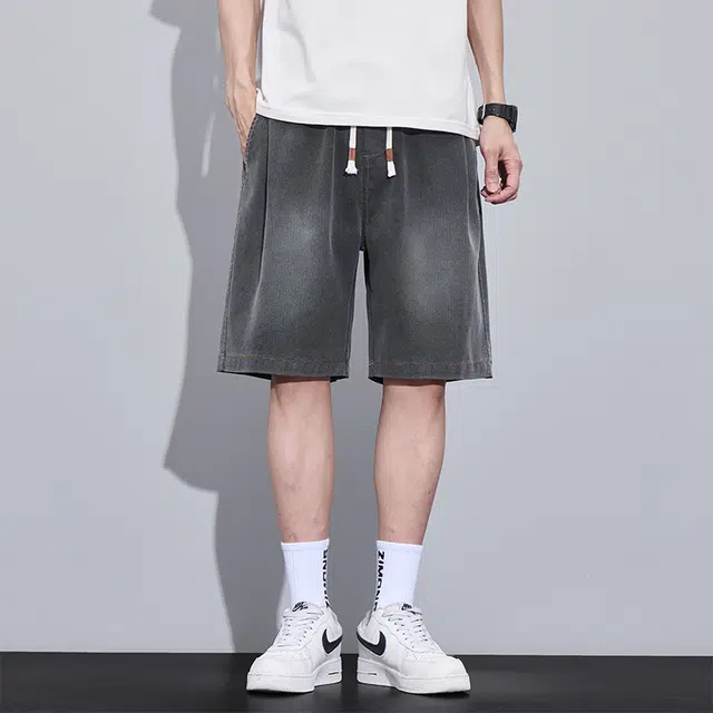 协协乐 凉感透气高街宽松直筒美式潮牌休闲五分裤子牛仔短裤 男款