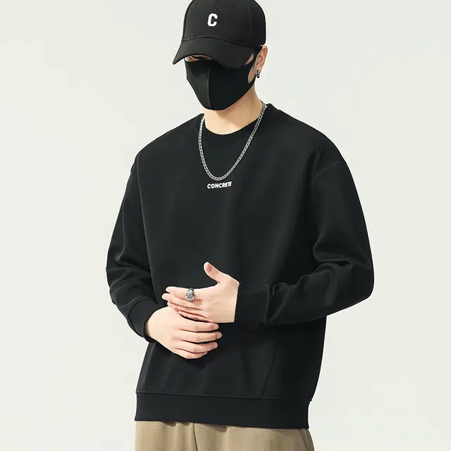 协协乐 圆领长袖男士春秋季宽松套头打底衫拼接刺绣字母设计感上衣早秋小众设计款卫衣 男款