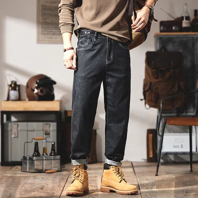 协协乐 秋冬季美式复古做旧水洗宽松直筒潮牌大码设计感休闲锥形萝卜裤百搭运动九分裤牛仔裤 男款