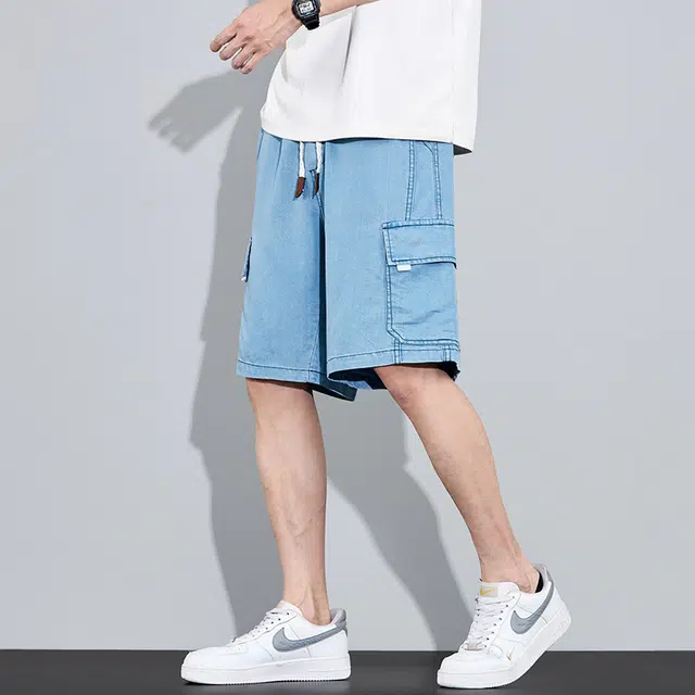 协协乐 高街风凉感透气工装夏季薄款通勤显高显瘦潮牌美式休闲宽松直筒五分裤牛仔短裤 男款