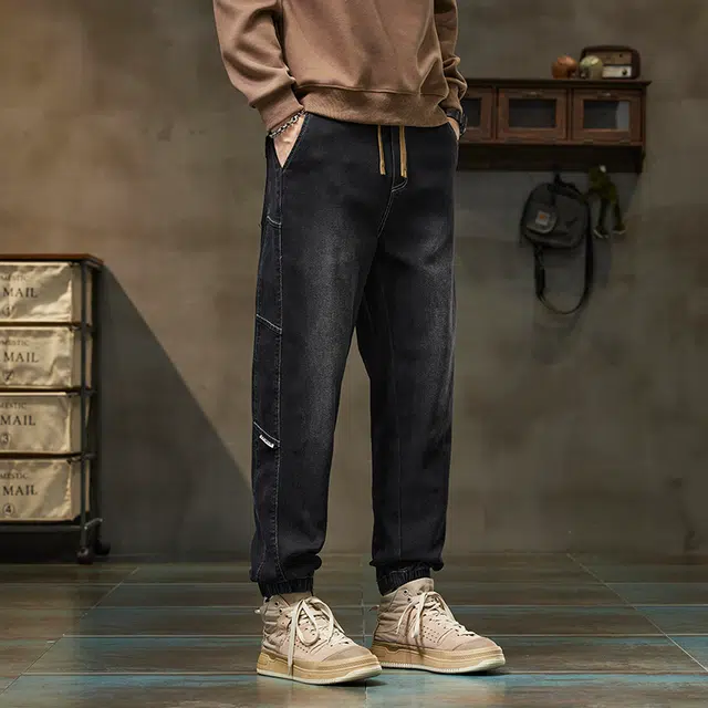 协协乐 美式复古工装哈伦机能风拼接设计感春秋季宽松束脚九分裤百搭青少年痞帅休闲长裤潮牌牛仔裤 男款