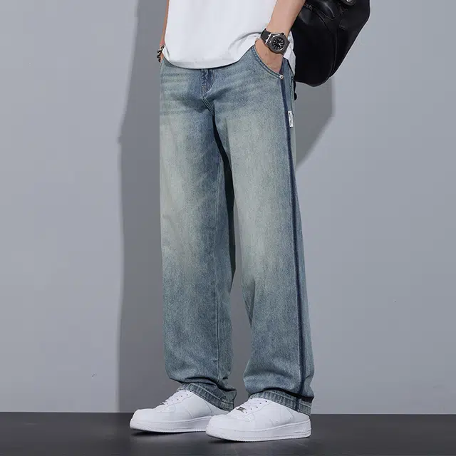 协协乐 美式复古男士夏季薄款工装拼接渐变宽松直筒高街潮流休闲运动百搭长裤子牛仔裤 男款