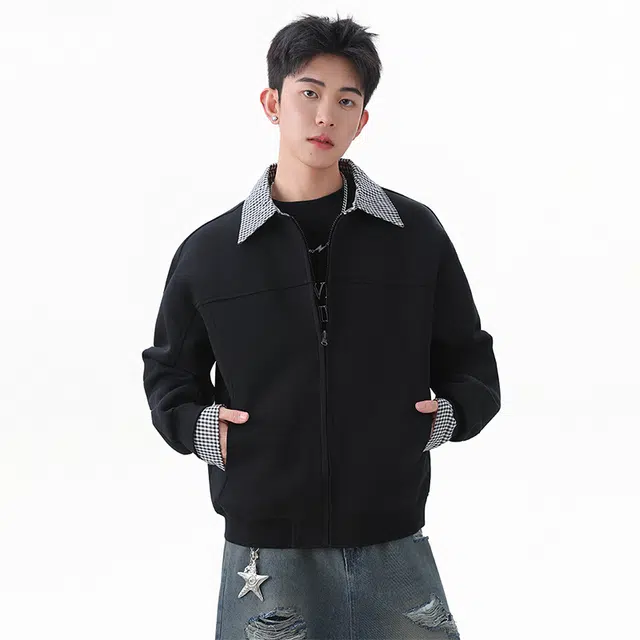 协协乐 飞行员立领解构男士秋冬季挺括痞帅工装外套开衫拼接格子美式潮牌小众设计款夹克 男款