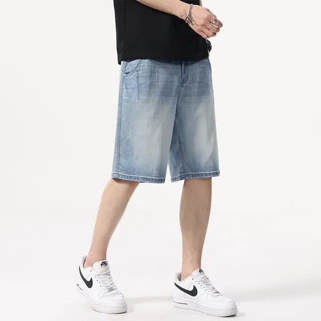 协协乐 美式潮牌高街夏季薄款天丝凉感透气宽松直筒百搭休闲运动五分中裤牛仔短裤 男款