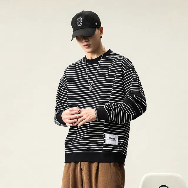 协协乐 重磅秋冬季条纹设计感美式潮流宽松时尚百搭潮牌男卫衣 男款