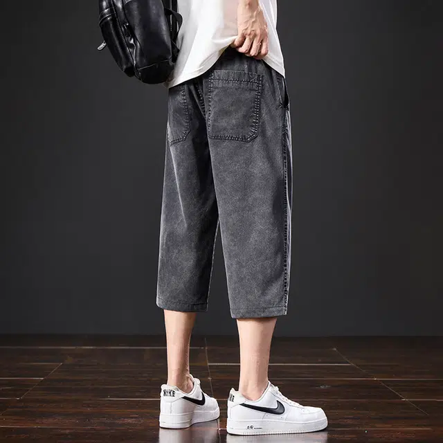 协协乐 莱赛尔天丝夏季冰丝薄款凉感透气高街美式潮牌宽松做旧复古水洗直筒休闲七分中裤牛仔短裤 男款