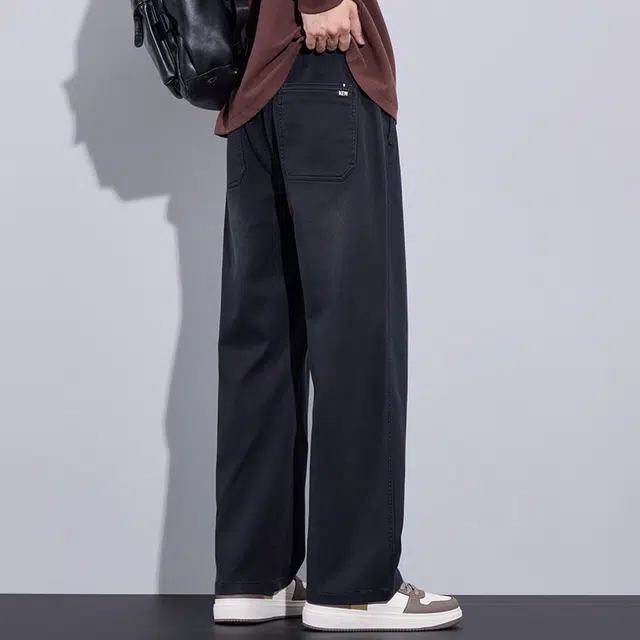 协协乐 高街风纯色莱赛尔春秋季美式复古做旧宽松直筒阔腿拖地裤青少年弹力抽绳百搭休闲运动长裤牛仔裤 男款