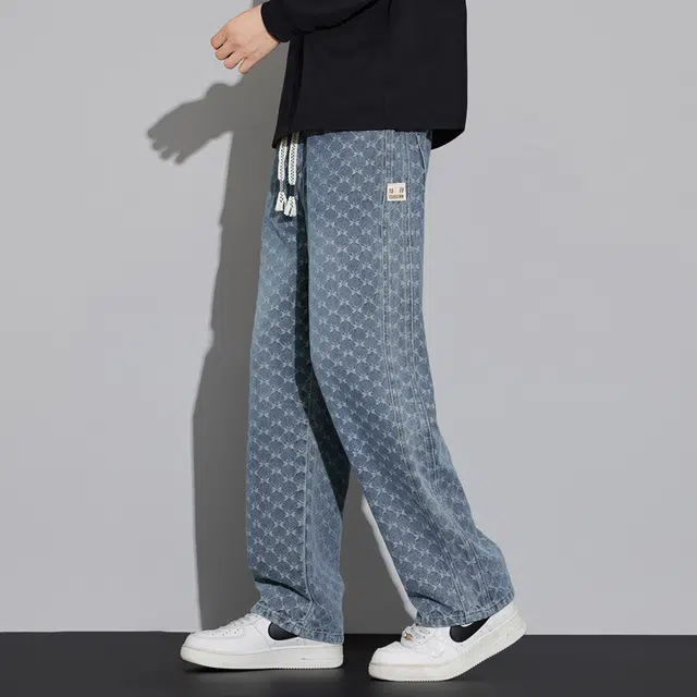 协协乐 蝴蝶纹高街提花复古春秋男士长裤宽松直筒百搭青少年做旧水洗美式抽绳休闲裤牛仔裤 男款