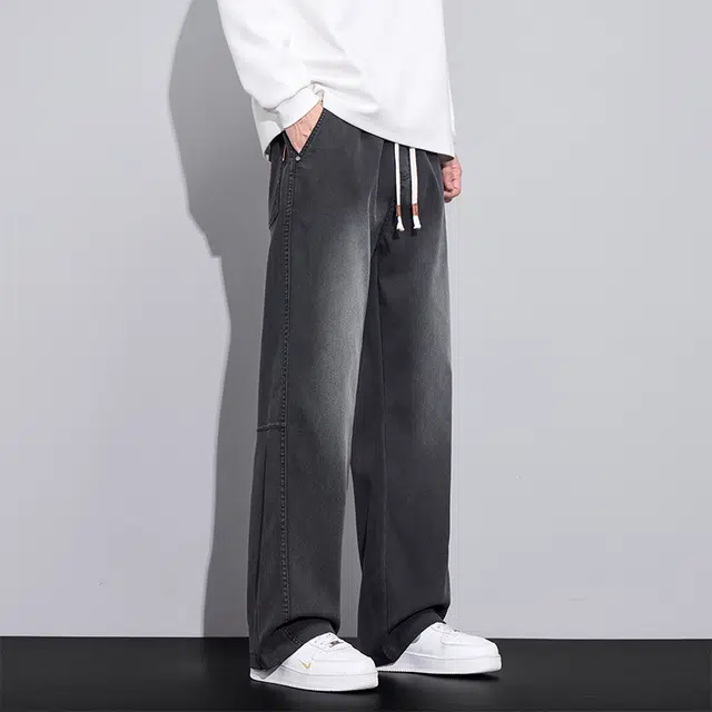 协协乐 美式复古做旧水洗高街机能风春秋季潮牌宽松直筒阔腿拖地裤青少年弹力抽绳百搭休闲运动长裤牛仔裤 男款