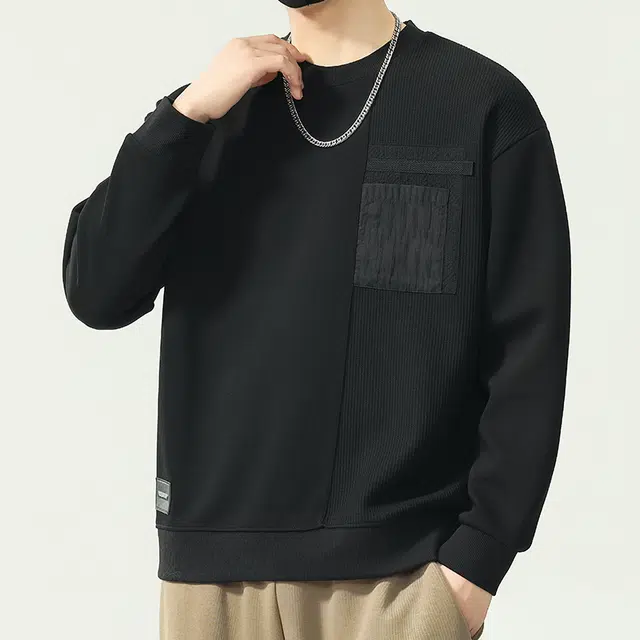 协协乐 圆领长袖男士春秋季宽松套头打底衫拼接小口袋上衣早秋小众设计款卫衣 男款