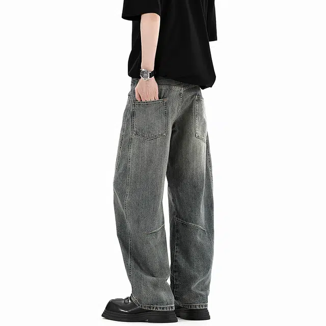 协协乐 废土风高街大弯刀微喇裤美式潮牌宽松直筒阔腿春秋款百搭运动垂坠感拖地长裤牛仔裤 男款