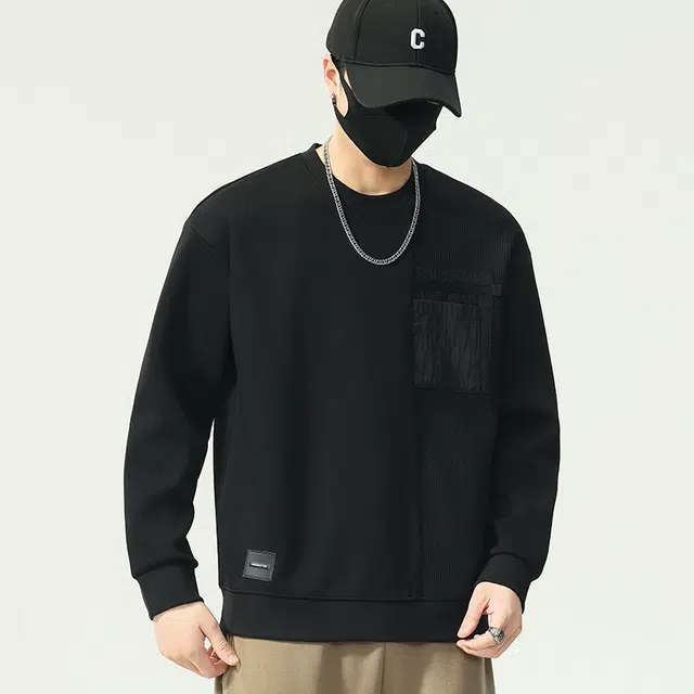 协协乐 圆领长袖男士春秋季宽松套头打底衫拼接小口袋上衣早秋小众设计款卫衣 男款