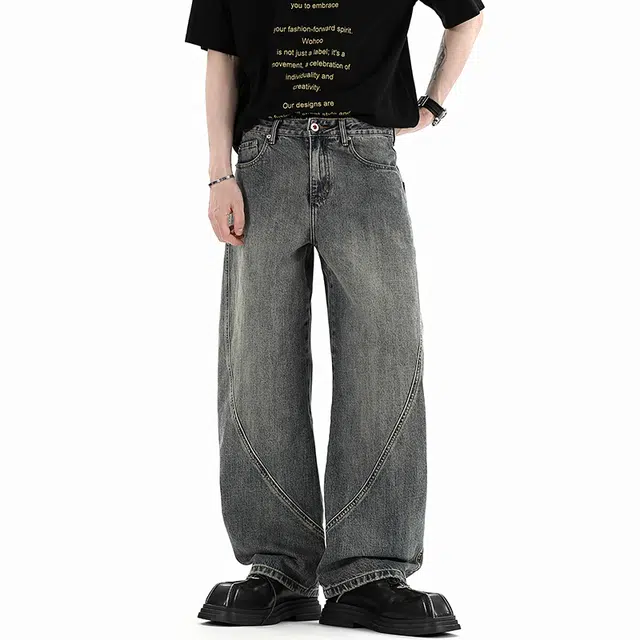 协协乐 废土风高街大弯刀微喇裤美式潮牌宽松直筒阔腿春秋款百搭运动垂坠感拖地长裤牛仔裤 男款