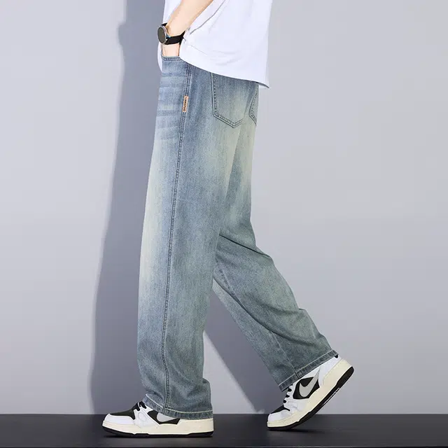 协协乐 复古薄款凉感透气宽松直筒阔腿垂感休闲运动百搭长裤子牛仔裤 男款