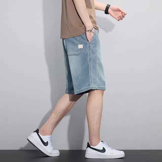协协乐 男夏季薄款凉感透气美式复古潮牌百搭通勤显高显瘦宽松直筒五分休闲冰丝中裤牛仔短裤 男款