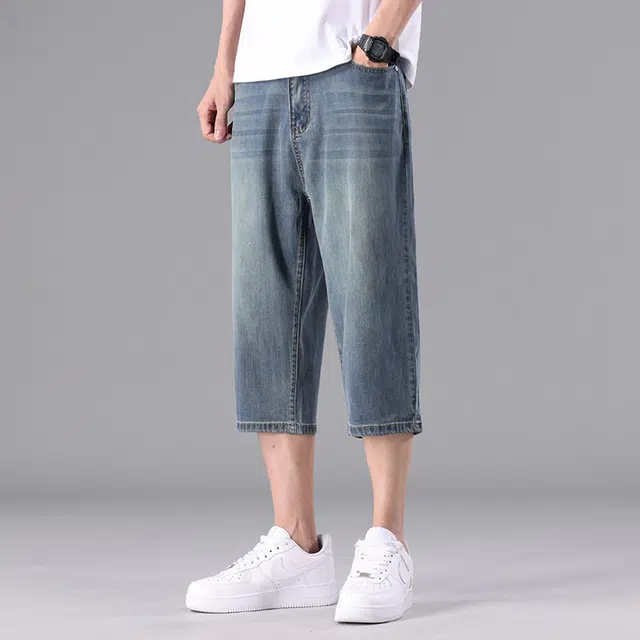 协协乐 凉感透气七分夏季冰丝薄款做旧水洗复古潮流宽松直筒休闲百搭运动牛仔短裤 男款