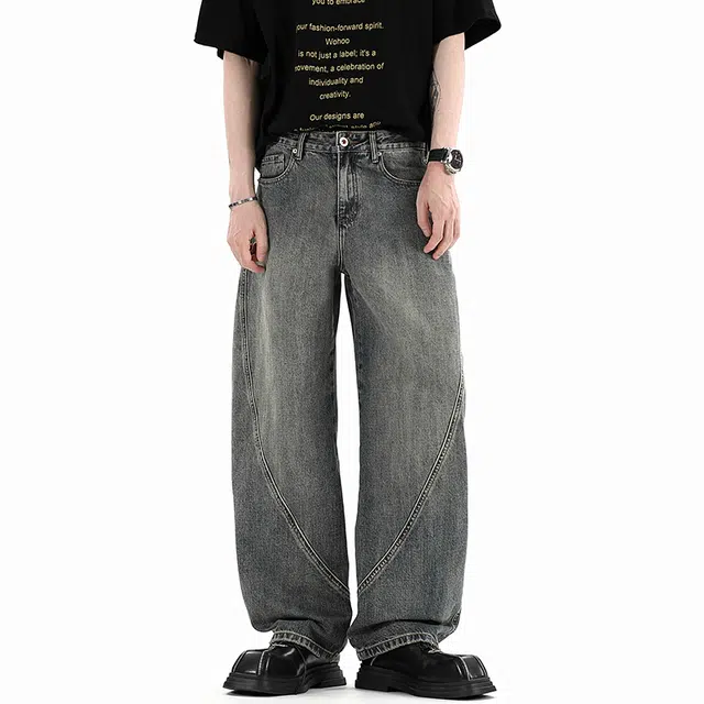 协协乐 废土风高街大弯刀微喇裤美式潮牌宽松直筒阔腿春秋款百搭运动垂坠感拖地长裤牛仔裤 男款