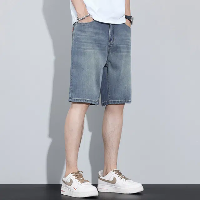 协协乐 天丝男士夏季薄款凉感透气美式潮牌莱赛尔冰丝阔腿宽松直筒百搭运动休闲五分中裤牛仔短裤 男款