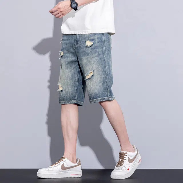 协协乐 冰丝破洞夏季薄款凉感透气水洗复古宽松直筒美式潮牌休闲百搭运动设计感五分中裤子牛仔短裤 男款