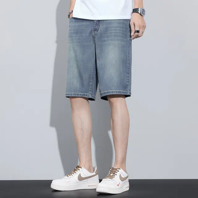 协协乐 天丝男士夏季薄款凉感透气美式潮牌莱赛尔冰丝阔腿宽松直筒百搭运动休闲五分中裤牛仔短裤 男款