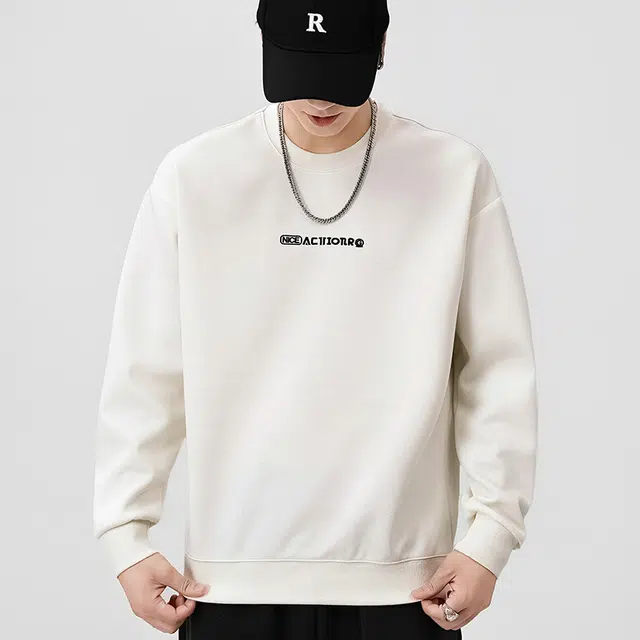 协协乐 美式重磅春秋季宽松圆领打底衫时尚字母印花套头男士休闲百搭长袖上衣设计小众款卫衣 男款