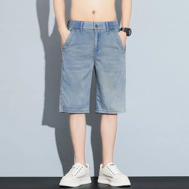 协协乐 美式高街夏季薄款天丝冰感透气潮牌宽松直筒运动百搭休闲五分中裤牛仔短裤 男款