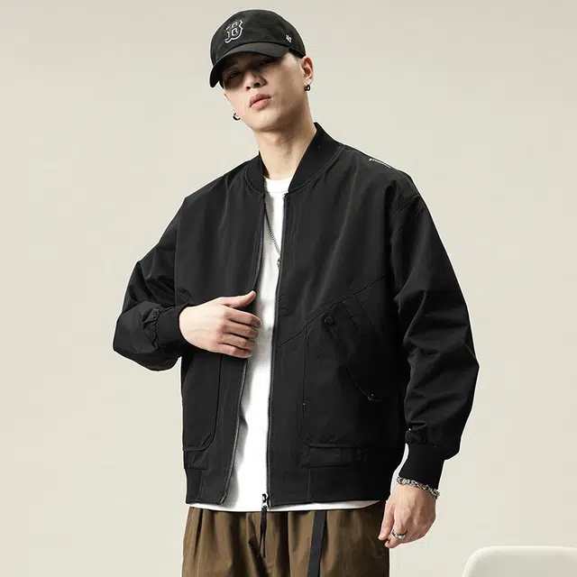 协协乐 美式棒球服外套秋冬季潮牌宽松休闲工装飞行员男士立领拼接氛围感韩版小众设计款夹克 男款