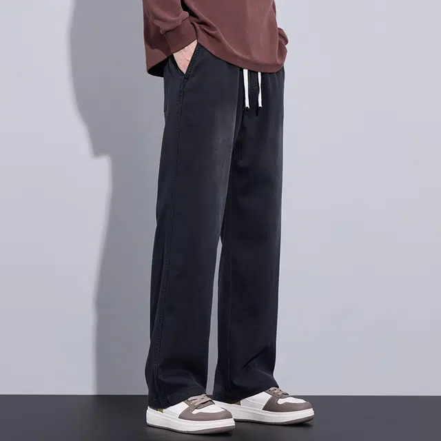 协协乐 高街风纯色莱赛尔春秋季美式复古做旧宽松直筒阔腿拖地裤青少年弹力抽绳百搭休闲运动长裤牛仔裤 男款