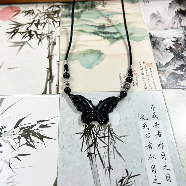 【高品质】 唐之饰 蝴蝶  正缘桃花 偶遇佳侣 新中式国潮原创设计小众 国风古风森系 岫玉（蛇纹石玉） 项链 男女同款情侣款