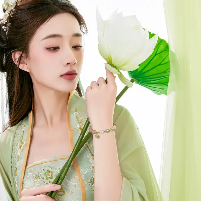 唐之饰 新中式渐变粉福牌桃花 国风福气满满清凉 原创设计 水晶 玉石手串 男女同款情侣款