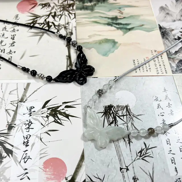 【高品质】 唐之饰 蝴蝶  正缘桃花 偶遇佳侣 新中式国潮原创设计小众 国风古风森系 岫玉（蛇纹石玉） 项链 男女同款情侣款