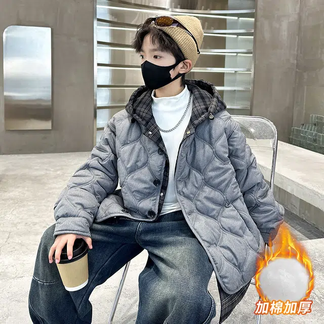 浪莎休闲棉衣 冬季 加棉加厚拼接格子棉服 青少年