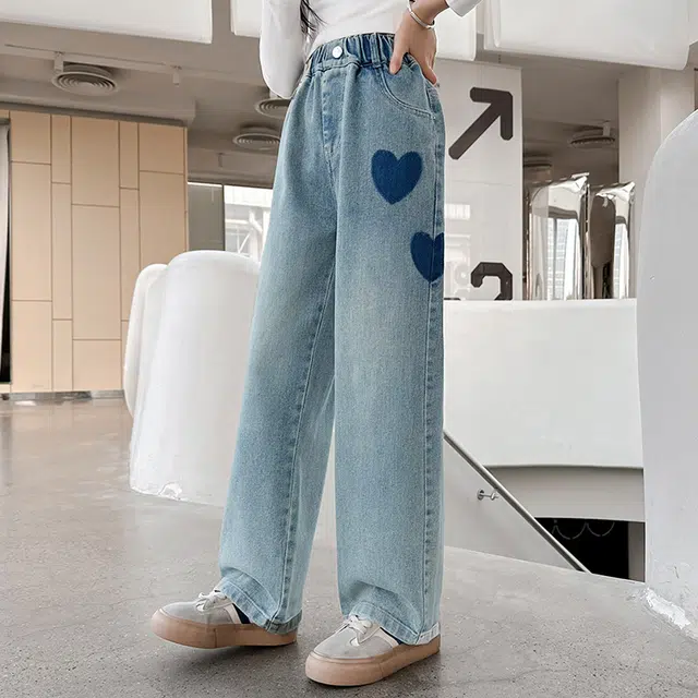 浪莎 休闲爱心印花阔腿牛仔裤 儿童款 蓝色