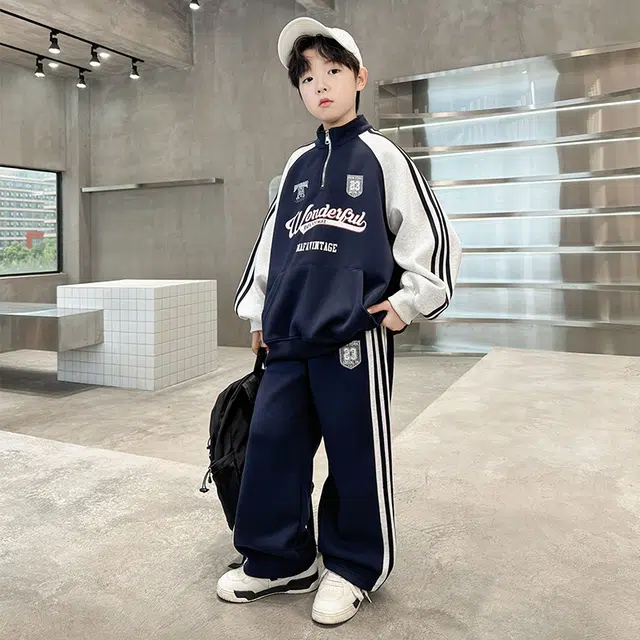 浪莎休闲运动套装 春秋 时尚拼色字母两件套 藏青色 青少年