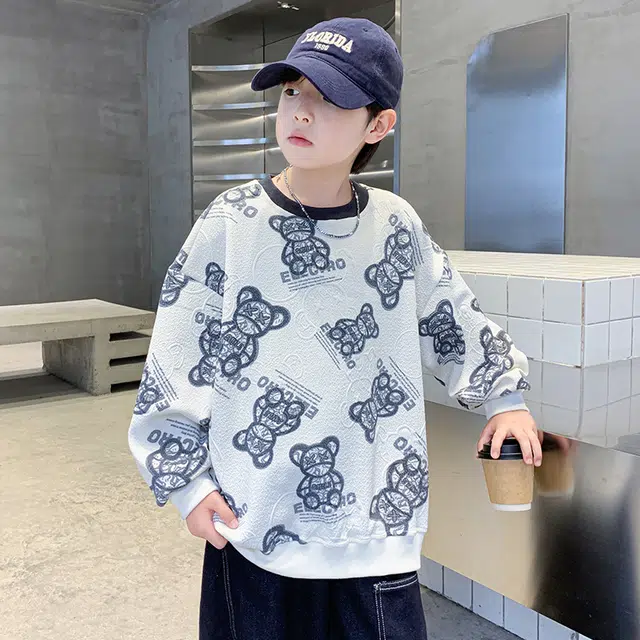 浪莎休闲卫衣 春秋 时尚小熊印花圆领上衣 青少年